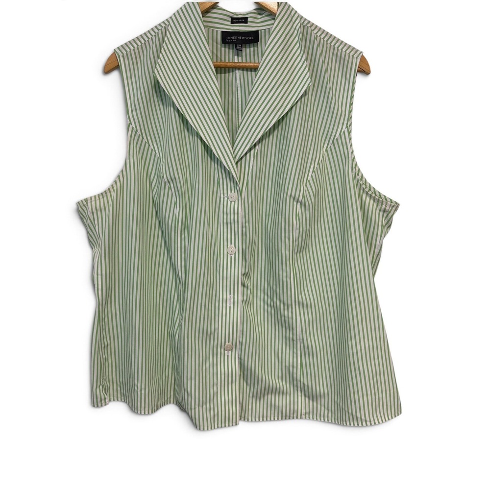Jones New York Woman Green White Striped Sleeveless Non-Iron 100% Cotton Top 22W